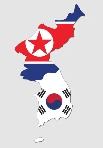 Vector illustration of Map of the Korean Peninsula, Filled with the South and the North Korea Flag