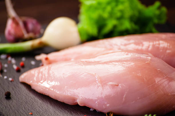 istock Raw chicken breasts on black stone plate 1194609115