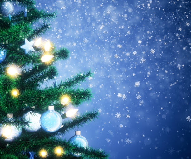istock Decorated Christmas tree with sparkling light garland, balls and stars 1194610504