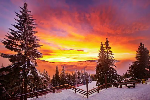 winter landscape view at sunset with dramatic sky in Poiana Brasov, Romanian mountains