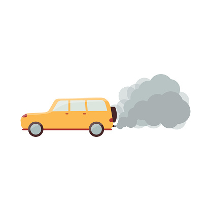Cartoon yellow car with grey smoke coming out of exhaust pipe - air pollution from carbon emission. Isolated flat vector illustration on white background.