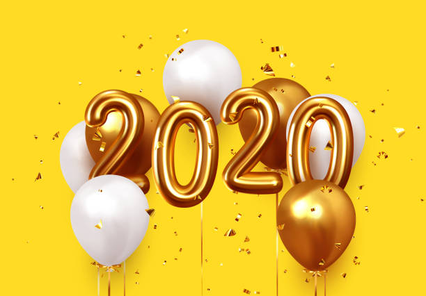 frohes neues jahr 2020. realistische goldene und weiße ballons. hintergrund-design metallnummern datum 2020 und helium ballon auf band, glitzer helle konfetti - label price tag price blank stock-grafiken, -clipart, -cartoons und -symbole