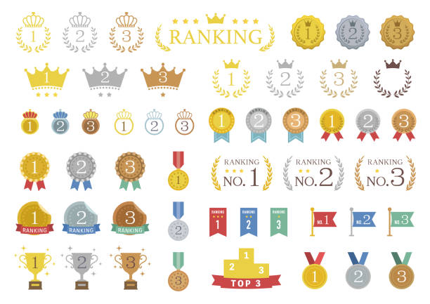 illustrazioni stock, clip art, cartoni animati e icone di tendenza di set di icone di classificazione colorate / illustrazione vettoriale - gold medal