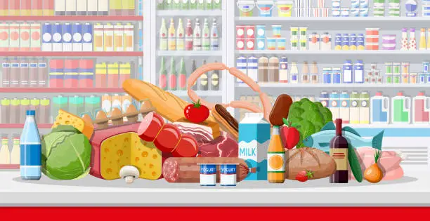 Vector illustration of Supermarket store interior with goods.