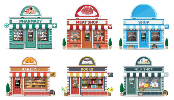 set von detaillierten stadt-shop-gebäude. - butchers shop meat sausage store stock-grafiken, -clipart, -cartoons und -symbole