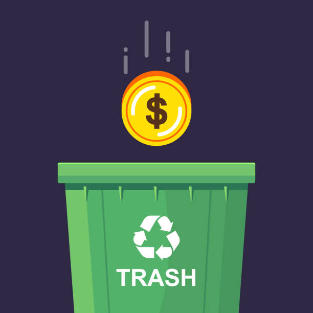 ilustrações de stock, clip art, desenhos animados e ícones de a gold coin is thrown into the trash can - descida dos cestos
