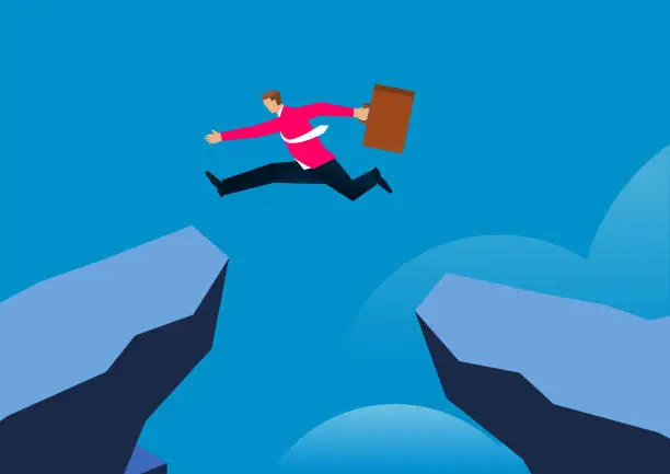 Vector illustration of Businessman jumping over a cliff