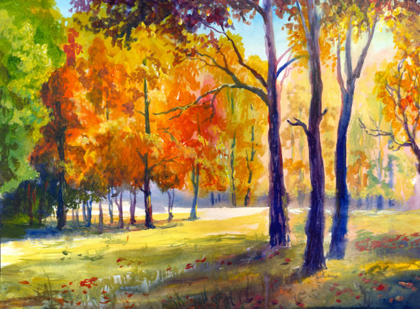 осенний пейзаж в акварели - paintings watercolor painting landscape autumn stock illustrations