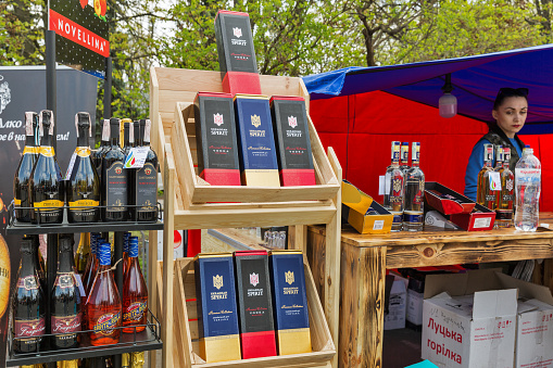 KYIV, UKRAINE - APRIL 21, 2019: Ukrainian Spirit vodka booth at Food and Wine Festival.