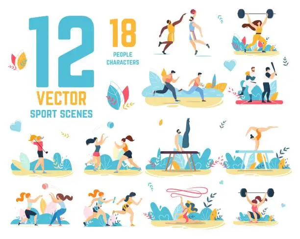 Vector illustration of Sport Scenes Vector Set with People Characters