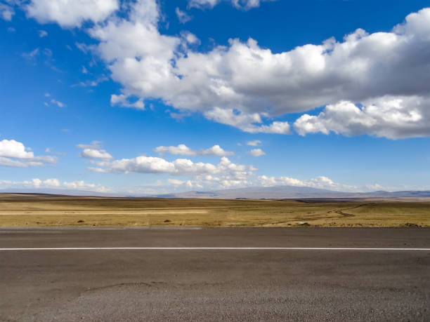 autoroute vide avec la steppe derrière et le ciel nuageux bleu - bord de route photos et images de collection