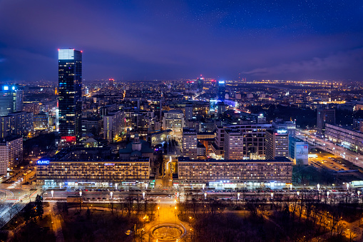 Aerial view of center of Warsaw in the evening, Poland