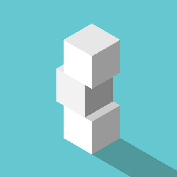 Three white cubes stacked Three white cubes stacked on turquoise blue background. Teamwork, building, education, game and childhood concept. Flat design. EPS 8 vector illustration, no transparency, no gradients sugar cube stock illustrations