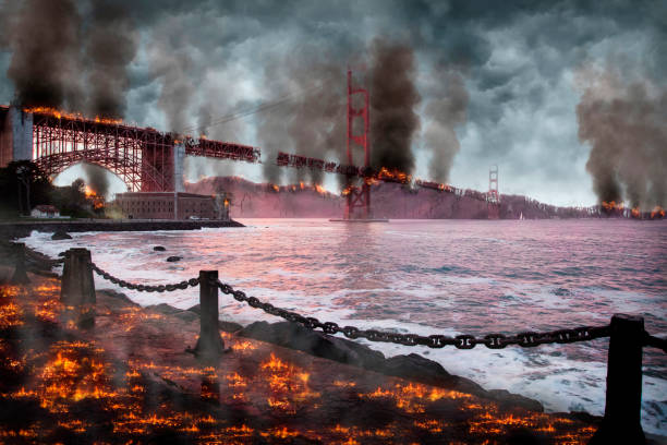 istock Golden Gate Bridge San Francisco Bay Destroyed and Burning 1194635599