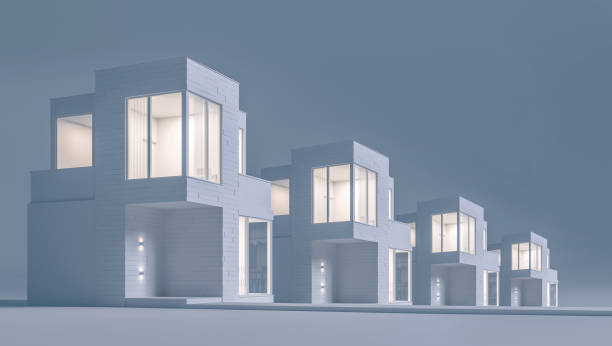 istock View exterior layout of a modern small house facade trim of rectangular boards in the evening light. 3D illustration 1194637782