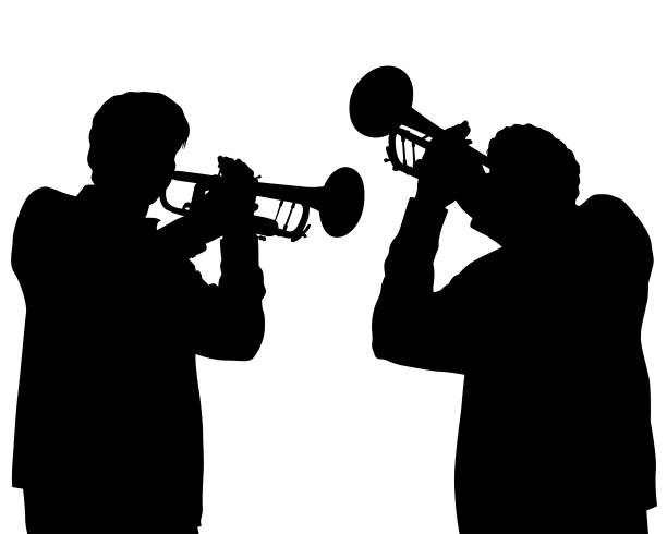 ilustraç�ões, clipart, desenhos animados e ícones de dois trompetistas - trumpet jazz musician men