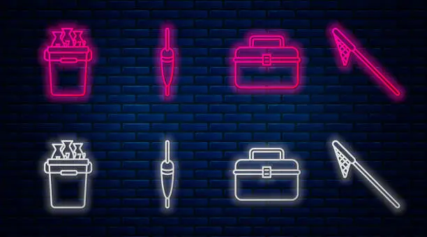 Vector illustration of Set line Fishing float, Case or box container for wobbler and gear fishing equipment, Fishing bucket with fishes and Fishing net. Glowing neon icon on brick wall. Vector