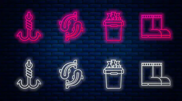 Vector illustration of Set line Fish, Fishing bucket with fishes, Fishing hook and Fishing boots. Glowing neon icon on brick wall. Vector