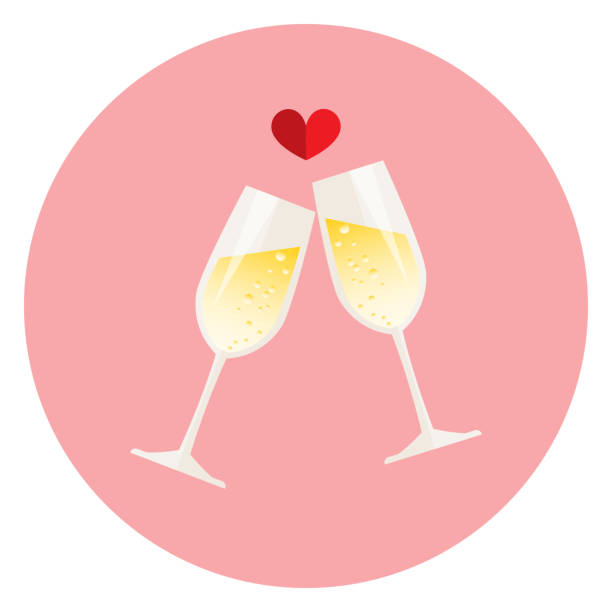 ilustraciones, imágenes clip art, dibujos animados e iconos de stock de ilustración vectorial de dos copas de champán en diseño plano con corazón rojo sobre fondo rosa en forma de círculo. - champagne pink bubble valentines day