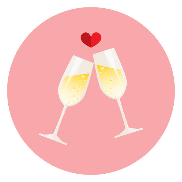 ilustrações, clipart, desenhos animados e ícones de ilustração do vetor de dois vidros do champanhe no projeto liso com coração vermelho no fundo cor-de-rosa na forma do círculo. - champagne pink bubble valentines day