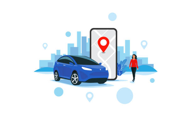 Online Car Sharing Service Remote Controlled Via Smartphone App City Transportation Vector illustration of autonomous online car sharing service controlled via smartphone app. Phone with location mark and smart car with modern city skyline. Isolated connected vehicle remote parking. woman white background stock illustrations