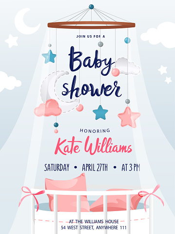 Baby shower boy and girl, invitation card with decorations and place for text. Greeting cards. Flat style. Vector illustration.
