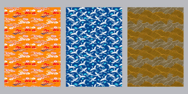 ilustrações de stock, clip art, desenhos animados e ícones de japanese cloud, heron, ocean wave abstract background - traditional culture heron bird animal