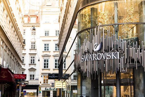 Vienna, Austria - 14 December, 2019: Color image depicting boutique stores, including Swarovski, in central Vienna, Austria. This central part of Austria's capital is full of elegant and modern architecture.