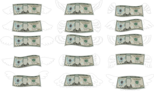 illustrazioni stock, clip art, cartoni animati e icone di tendenza di piumato deformato 20 dollors nota - twenty dollar bill illustrations