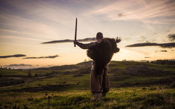 a individual viking warrior in the countryside - fighting stance imagens e fotografias de stock