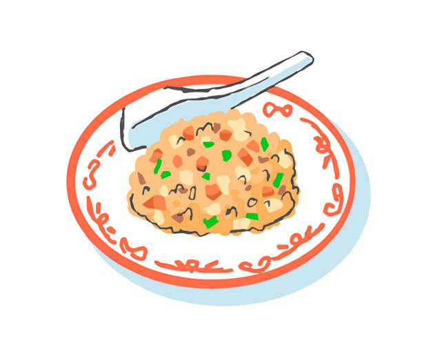 One dish of fried rice and Chinese soup spoon food, cooking chinese cuisine fried rice asian cuisine wok stock illustrations