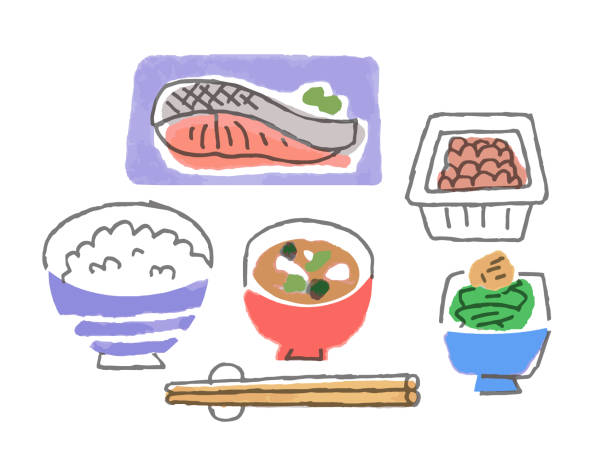 Healthy and well-balanced Japanese breakfast food, cooking meal illustrations stock illustrations