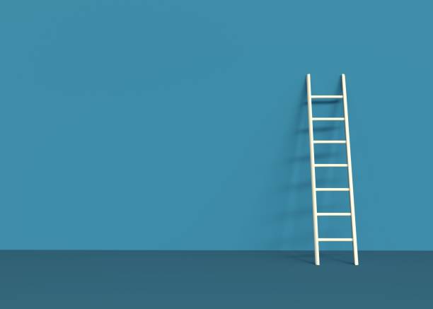 Ladder 3d rendering on blue background ladder, 3d, blue background, white, 3d vintage wooden step ladder stock pictures, royalty-free photos & images