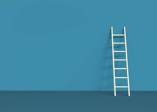 Ladder 3d rendering on blue background ladder, 3d, blue background, white, 3d ladder stock pictures, royalty-free photos & images