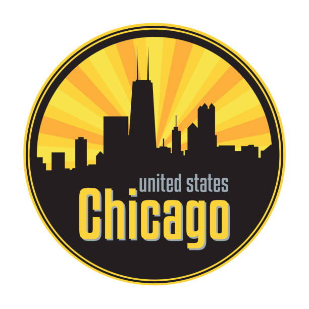 ilustraciones, imágenes clip art, dibujos animados e iconos de stock de insignia, etiqueta o sello con el horizonte de chicago - chicago