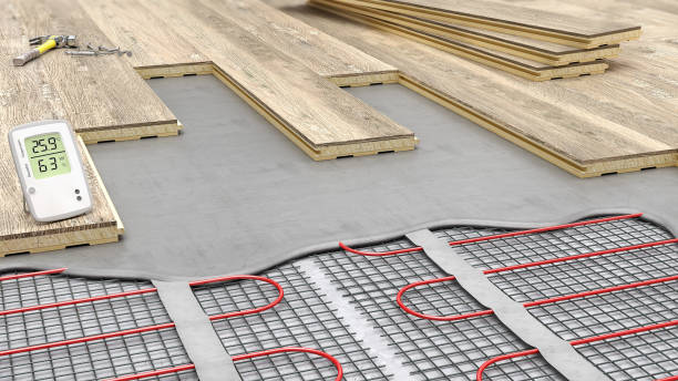 istock Laying parquet boards on electrical underfloor heating, 3d illustration 1194646020