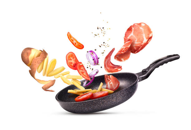istock potato meat tomato salt and pepper pan in a white background 1194646130