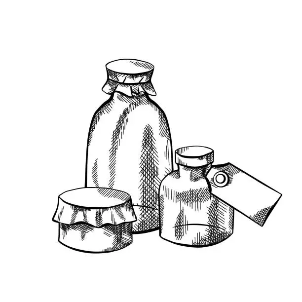 Vector illustration of Natural pharmacy. Sketch illustration of bubbles, bottles and cans with labels and hatching. Healthcare and medicine. Engraving vector objects