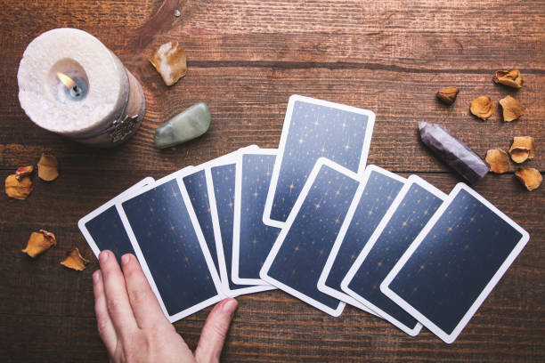 istock Fortune-telling tarot cards and mineral stones 1194648850
