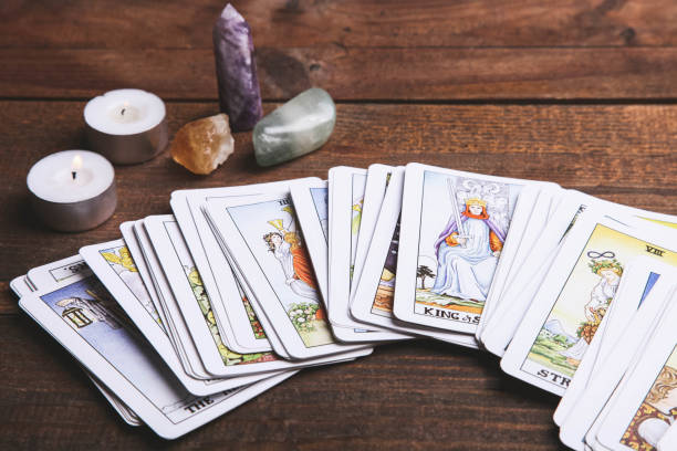 istock Fortune-telling tarot cards and mineral stones 1194648860