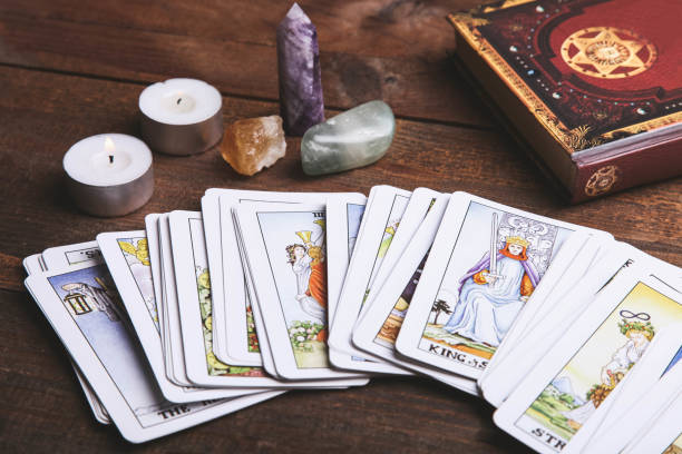 istock Fortune-telling tarot cards and mineral stones 1194648882