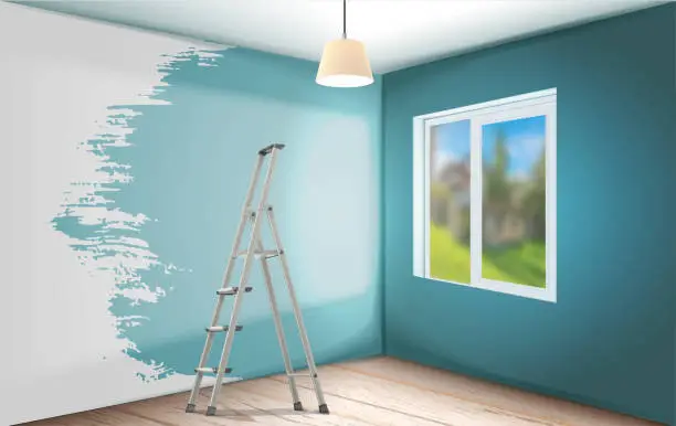 Vector illustration of Repair in the room. Walls of blue color wooden floor. Metal stepladder. Vector 3d illustration.