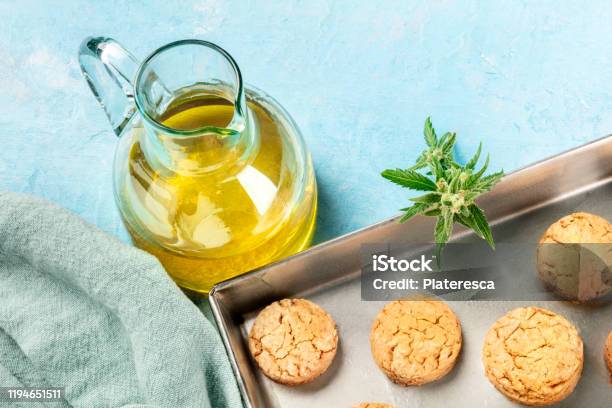 Cannabis Butter Cookies With Marijuana Buds And Cannaoil Infused Olive Oil Homemade Healthy Biscuits In A Baking Tray With Copy Space Stock Photo - Download Image Now
