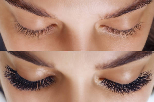 Eyelash Extension. Comparison of female eyes before and after Comparison of female eyes before and after eyelash extension false lashes stock pictures, royalty-free photos & images