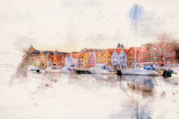 istock Bergen town in Norway, Watercolors 1194659447