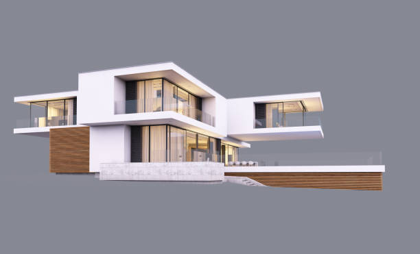 istock 3d rendering of modern house by the river at evening isolated on gray. 1194661187