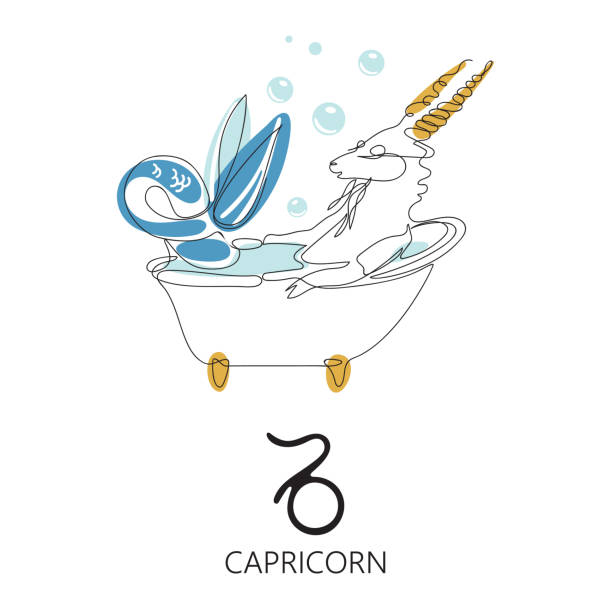 Capricorn zodiac sign. One line. Vector illustration in the style of minimalism. Continuous line. Capricorn zodiac sign. Capricorn lies in the bath. One line. Vector illustration in the style of minimalism. Continuous line.The symbol of the astrological horoscope. Hand-drawn illustration. capricorn zodiac stock illustrations
