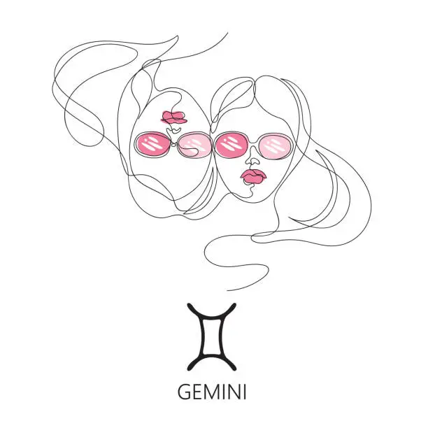 Vector illustration of Gemini Zodiac constellation. One line. Vector illustration in the style of minimalism.