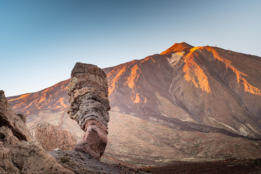 Horizontal View of Majestic Rock Formation at Dusk in Roques de Garcia, Parque nacional del Teide, Tenerife, Canary Islands, Spain - stock photo