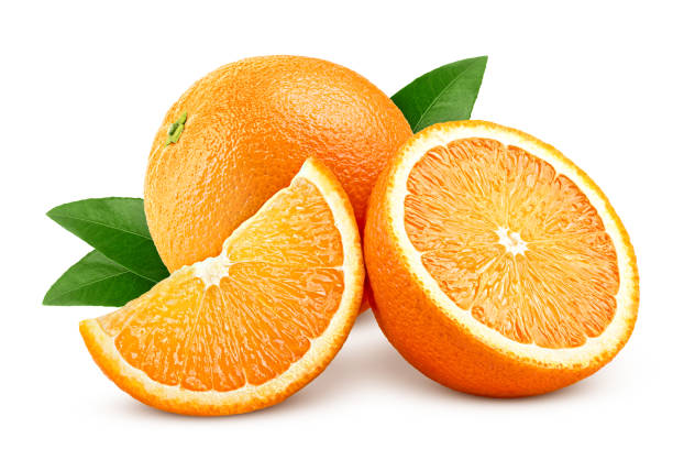 orange isolated on white background, clipping path, full depth of field - orange slices imagens e fotografias de stock